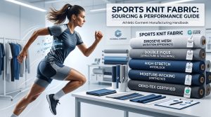 A woman running next to stacked rolls of various sports knit fabric types like Birdseye Mesh and Double Pique in a manufacturing workshop, illustrating performance and sourcing.