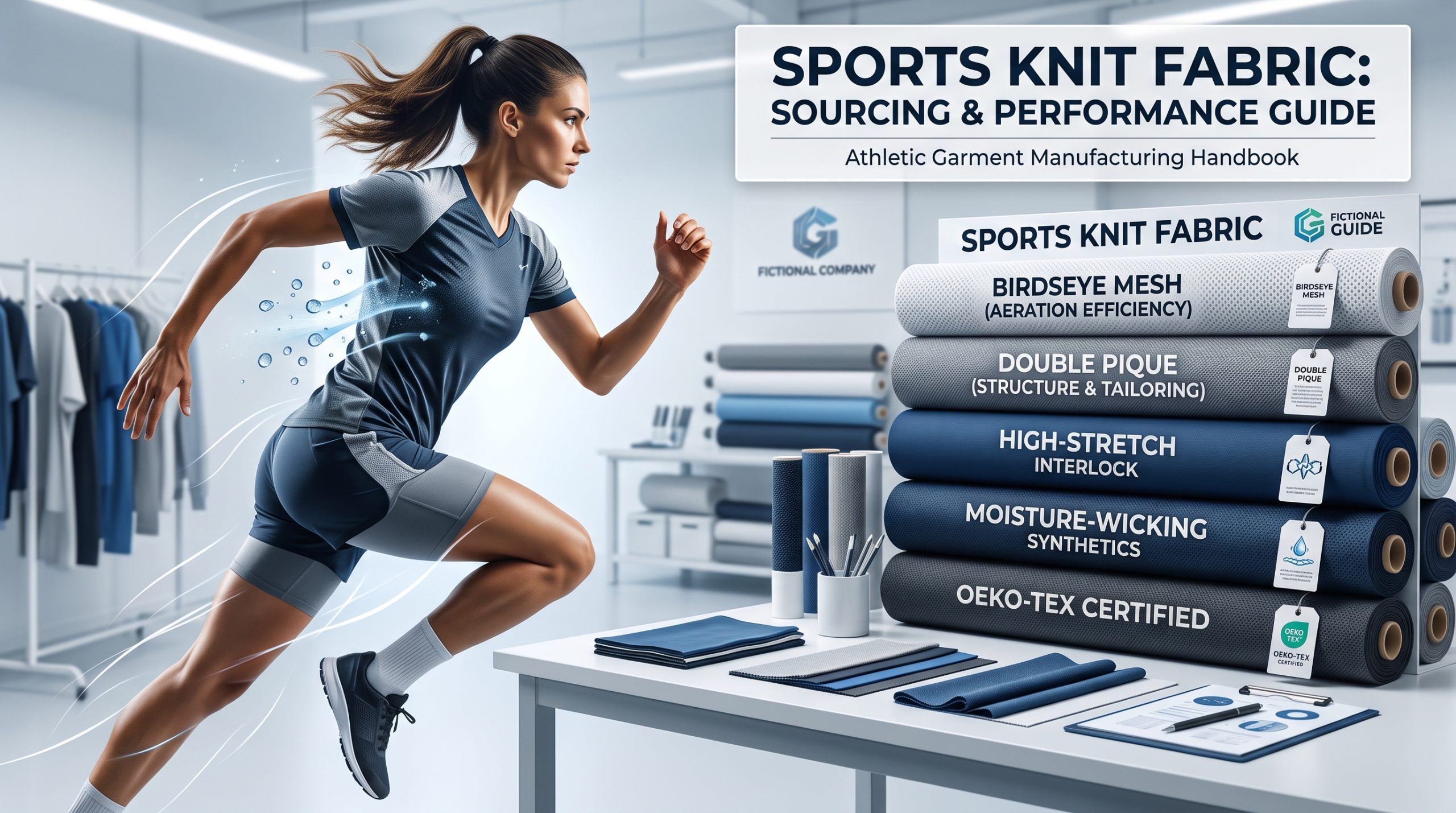 A woman running next to stacked rolls of various sports knit fabric types like Birdseye Mesh and Double Pique in a manufacturing workshop, illustrating performance and sourcing.