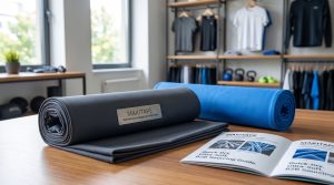A close-up view of two folded rolls of sports microfiber fabric, gray and blue, on a wooden table in a textile showroom with Makitape branding.