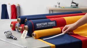 Premium bulk rolls of sports team fabric by the yard stacked neatly in an industrial textile studio, featuring dynamic colors and knit textures like birdseye mesh and pique grid. One prominent navy blue roll displays a woven label that reads: 'MAKITAPE FABRIC PREMIUM SPORTS TEAM FABRIC BY THE YARD'.