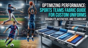 A visual guide for sports teams fabric showing athletes in dynamic actions like baseball, soccer, and basketball wearing custom uniforms made from different fabric types like double-pique knit and birdseye mesh with moisture-wicking and durable colors on display in a textile workshop setting.