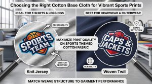 A split-panel comparison of sports-themed cotton fabric showing vibrant printed logos on flexible knit jersey and durable woven twill for activewear.