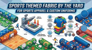 An infographic detailing custom sports themed fabric by the yard for team uniforms, showing a sublimation heat press process and performance fabric properties.