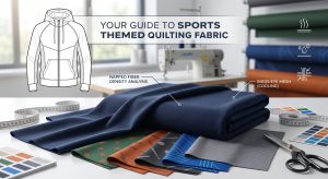 A professional guide featured image comparing technical and traditional sports-themed quilting fabric swatches. Includes labeled napped fleece density, birds eye mesh cooling panels, performance icons, design sketches, and sewing tools in a minimalist studio setting for B2B activewear manufacturing.