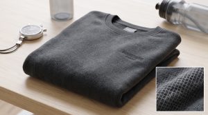 A photorealistic studio close-up of a folded charcoal grey technical fleece sports pullover, highlighting the brushed surface and an inset showing the internal geometric grid pattern for breathability. Sports equipment is blurred in the background.