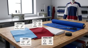 A professional, photorealistic comparison of technical hockey fabric swatches, including air knit mesh and dense double knit, with descriptive performance icons for high school team jersey manufacturing.
