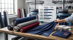A detailed, photorealistic display of high-quality sports fabric cotton bolts on a design workbench. A designer stretches a swatch to show the interlock knit structure and 4-way stretch, alongside a technical infographic comparing performance metrics like breathability, odor resistance, and softness. A folded custom varsity polo with a letter 'M' rests nearby under natural light.