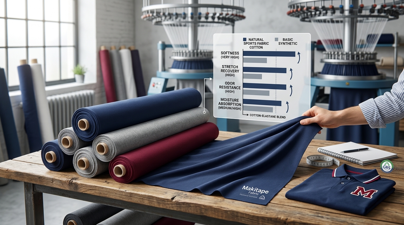 A detailed, photorealistic display of high-quality sports fabric cotton bolts on a design workbench. A designer stretches a swatch to show the interlock knit structure and 4-way stretch, alongside a technical infographic comparing performance metrics like breathability, odor resistance, and softness. A folded custom varsity polo with a letter 'M' rests nearby under natural light.