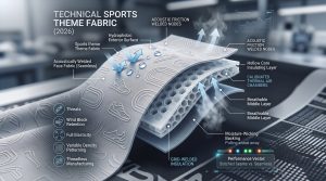 A high-resolution close-up macro photograph showing a technical sports theme fabric panel for 2026 running, with a diagrammatic transparent cutaway demonstrating its multi-layer construction, acoustic welding, air chambers for insulation, and moisture-wicking features.