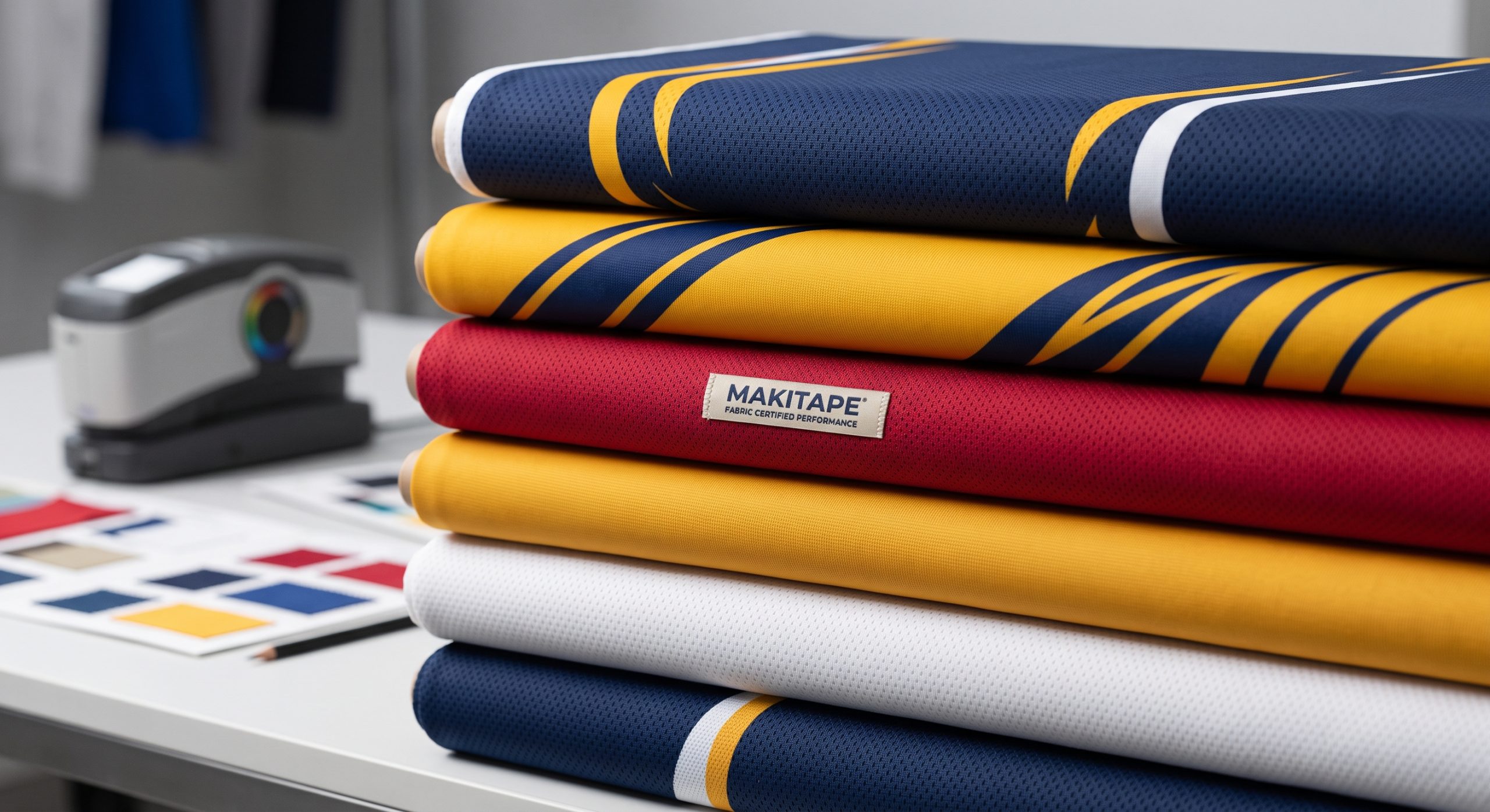 Photorealistic visual of high-quality technical licensed sports fabric bolts stacked neatly in a clean, professional B2B textile studio. The fabrics display dynamic athletic team colors and intricate knit topography suitable for performance apparel manufacturing by Makitapefabric.