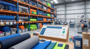 A detailed photograph inside a sports fabric suppliers warehouse, featuring stacked performance fabric rolls and a comparison chart.