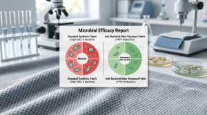 A photorealistic detailed view of an anti-bacterial/odor resistant fabric next to a physical chart comparing standard synthetic textiles against performance materials for odor control and bacterial reduction, showing over 99% efficacy.