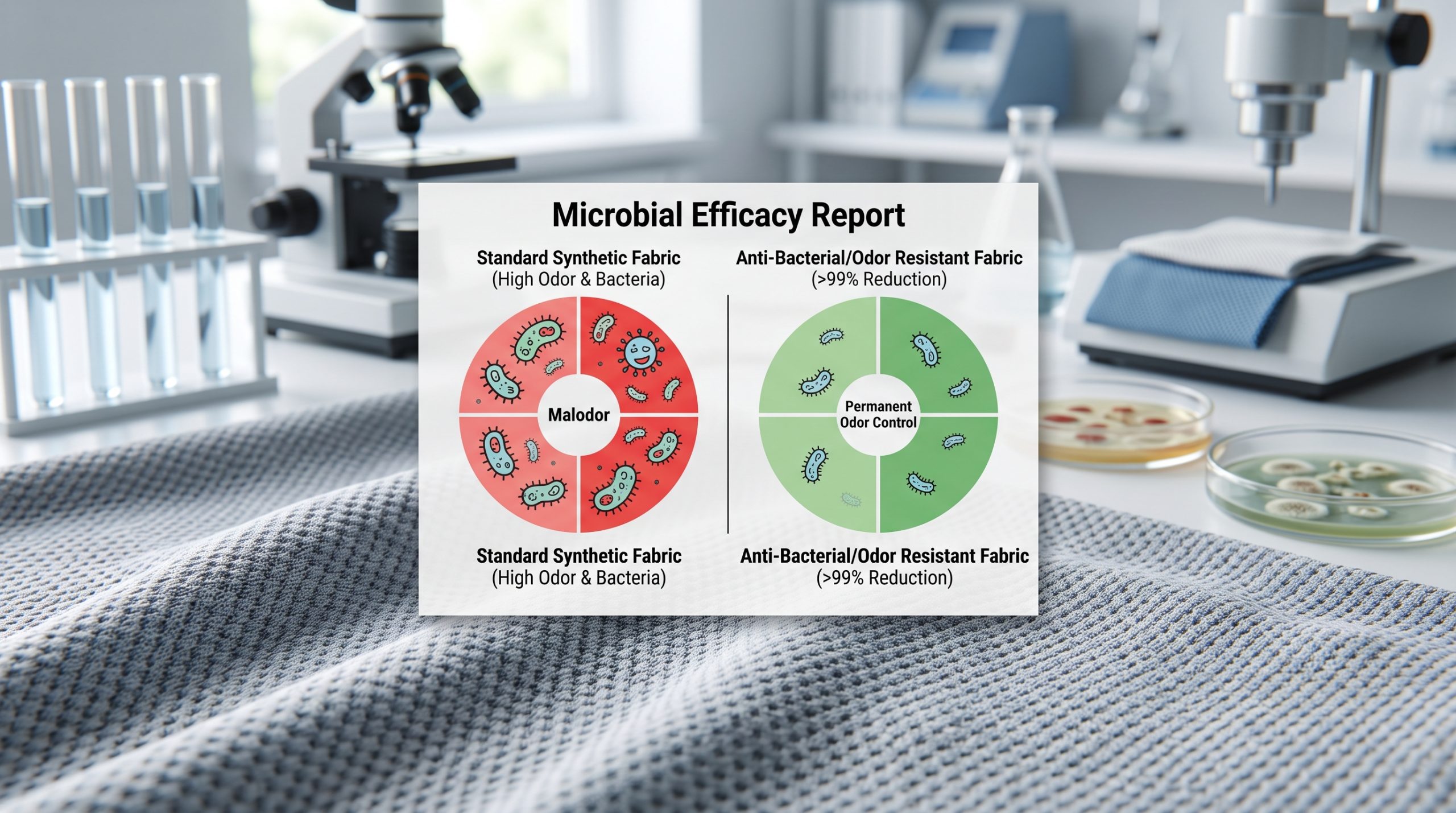 A photorealistic detailed view of an anti-bacterial/odor resistant fabric next to a physical chart comparing standard synthetic textiles against performance materials for odor control and bacterial reduction, showing over 99% efficacy.