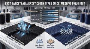 A photorealistic featured image designed for a B2B basketball jersey sourcing guide, comparing Birdseye mesh (left) and Pique knit (right) textiles, alongside an integrated infographic chart with progressive scales for breathability, durability, and stretch recovery. A blurred circular knitting machine provides professional textile context.
