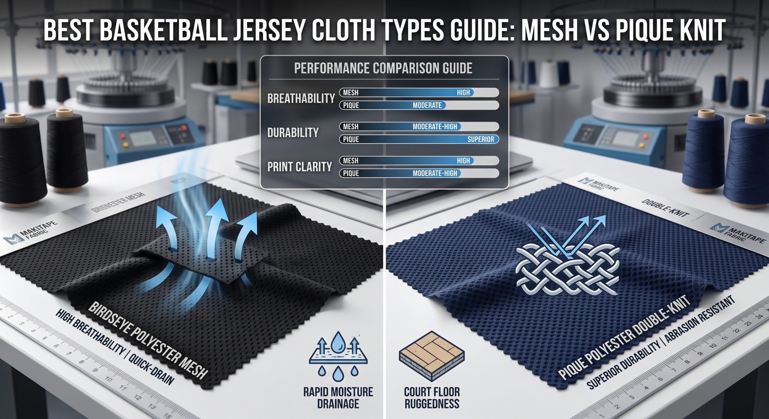 A photorealistic featured image designed for a B2B basketball jersey sourcing guide, comparing Birdseye mesh (left) and Pique knit (right) textiles, alongside an integrated infographic chart with progressive scales for breathability, durability, and stretch recovery. A blurred circular knitting machine provides professional textile context.
