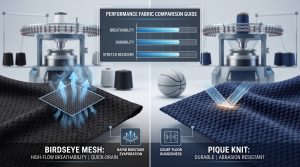 A photorealistic featured image designed for a B2B basketball shorts fabric guide, visually comparing Birdseye mesh (left) and Pique knit (right) textiles, alongside an integrated infographic chart labeled 'PERFORMANCE FABRIC COMPARISON GUIDE' with specific ratings for breathability, durability, and stretch recovery.