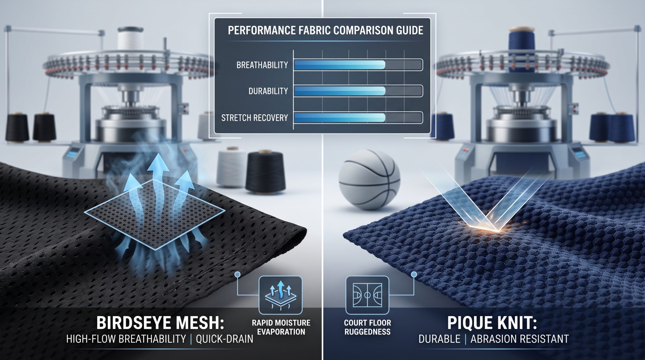 A photorealistic featured image designed for a B2B basketball shorts fabric guide, visually comparing Birdseye mesh (left) and Pique knit (right) textiles, alongside an integrated infographic chart labeled 'PERFORMANCE FABRIC COMPARISON GUIDE' with specific ratings for breathability, durability, and stretch recovery.