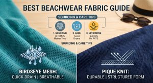 A photorealistic featured image designed for a B2B beachwear fabric guide, visualizing a comparison between Birdseye mesh (left) and Pique knit (right) textiles for resort apparel, alongside an integrated infographic chart with symbols for sourcing, care, and UPF rating.