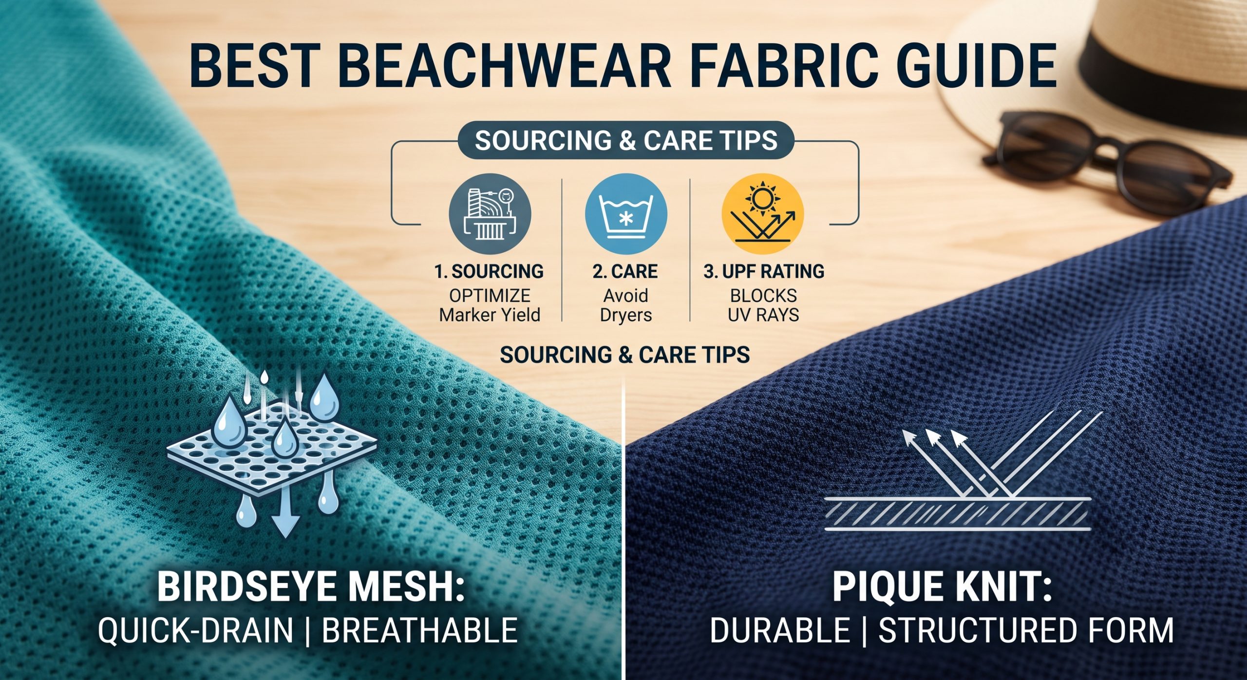 A photorealistic featured image designed for a B2B beachwear fabric guide, visualizing a comparison between Birdseye mesh (left) and Pique knit (right) textiles for resort apparel, alongside an integrated infographic chart with symbols for sourcing, care, and UPF rating.