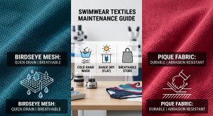 Professional B2B infographic visualization comparing Birdseye mesh for quick-drain performance and Pique knit for durability, alongside integrated optimal care protocols for swimwear textiles including cold wash and shade dry icons.