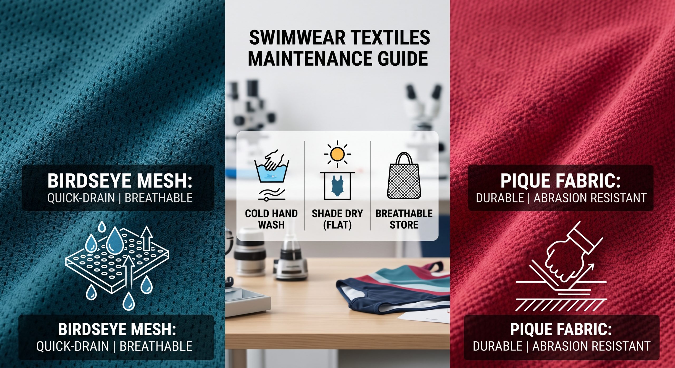 Professional B2B infographic visualization comparing Birdseye mesh for quick-drain performance and Pique knit for durability, alongside integrated optimal care protocols for swimwear textiles including cold wash and shade dry icons.