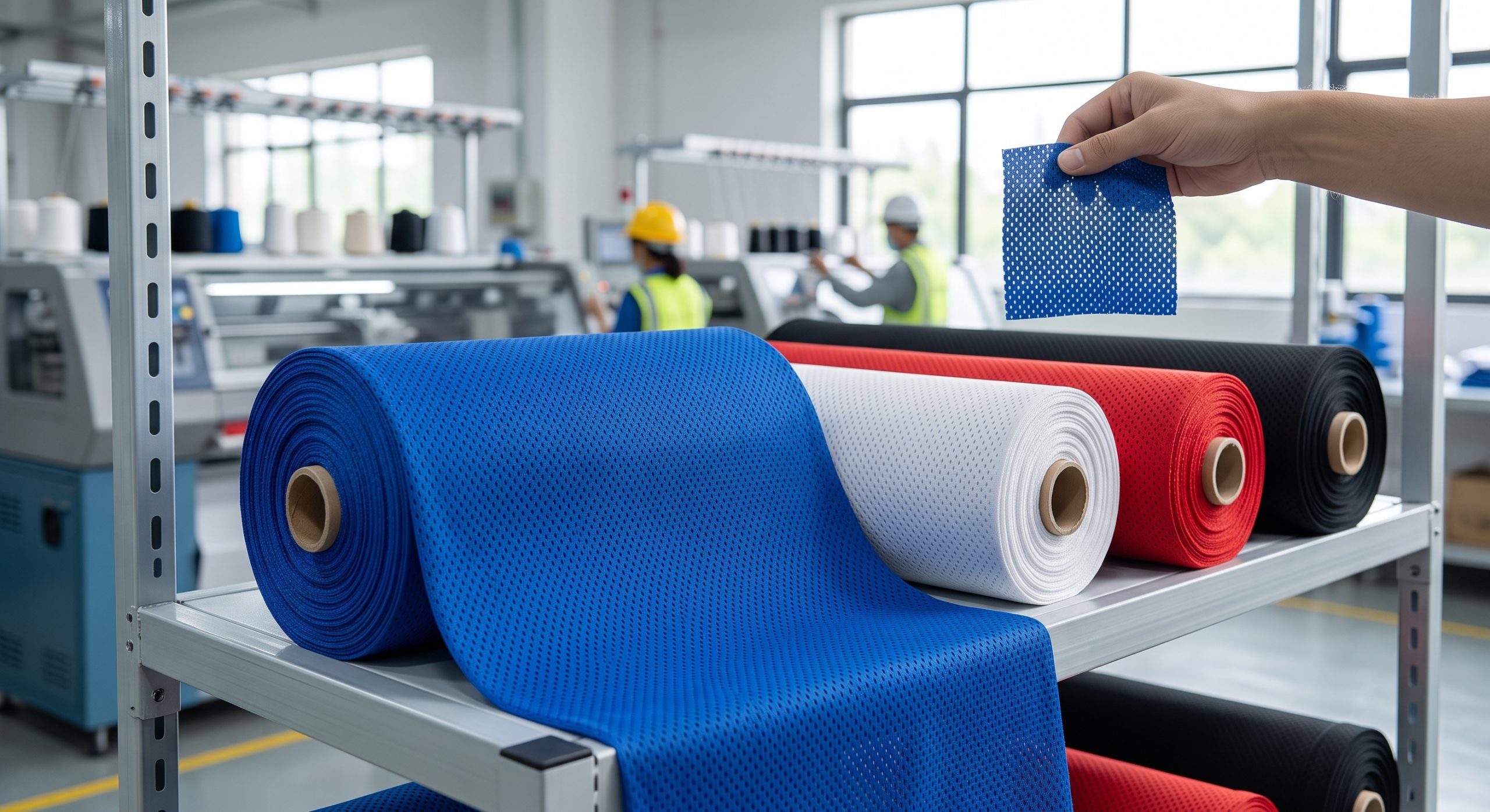 Close-up of various textured basketball jersey cloth rolls, including bird eye mesh and polyester knit fabric, showing breathability and performance features for athletic teamwear.