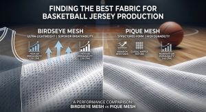A side-by-side comparison of the best fabric for basketball jersey production, showing Birdseye mesh texture vs Pique mesh texture with key performance metrics.