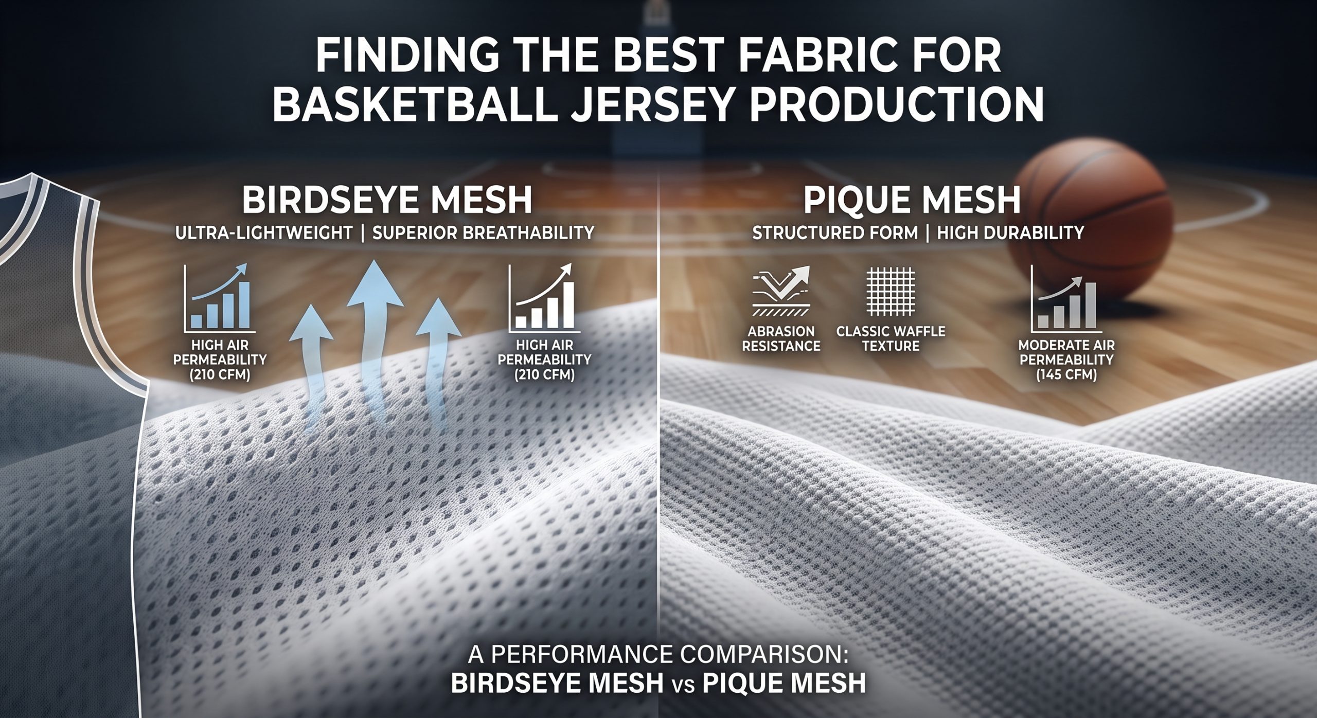 A side-by-side comparison of the best fabric for basketball jersey production, showing Birdseye mesh texture vs Pique mesh texture with key performance metrics.