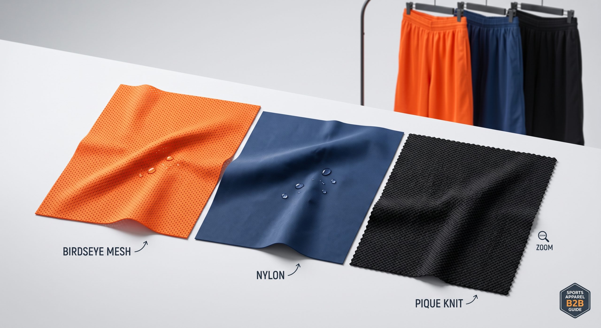 A professional B2B product photograph comparing three distinct materials commonly used for basketball shorts: porous orange Birdseye mesh for breathability, smooth blue nylon for durability, and textured black pique knit for structure and lifestyle appeal, illustrating what material is basketball shorts made of, complete with moisture droplets.