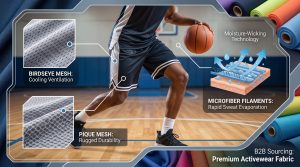 A detailed B2B featured image visual for a blog post, illustrating the high-performance material and fabric of basketball shorts, comparing Birdseye mesh (cooling airflow, micro-diamond pores) and Pique mesh (rugged durability, honeycomb waffle stitch), with technical visualizations of microfiber hydrophobic filaments and moisture management in action.