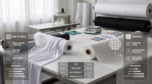 A photographic comparison of different basketball fabric material rolls, including bird-eye mesh and pique knit, with overlaid charts showing functional characteristics like moisture-wicking, breathability, and abrasion resistance in a professional textile design studio.