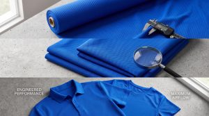 A dynamic flat lay photograph comparing different blue sports textiles, including a roll of micro-perforated bird's eye mesh fabric, folded textured pique knit, and finished athletic apparel like a polo and tee, illustrating performance fabric engineering.