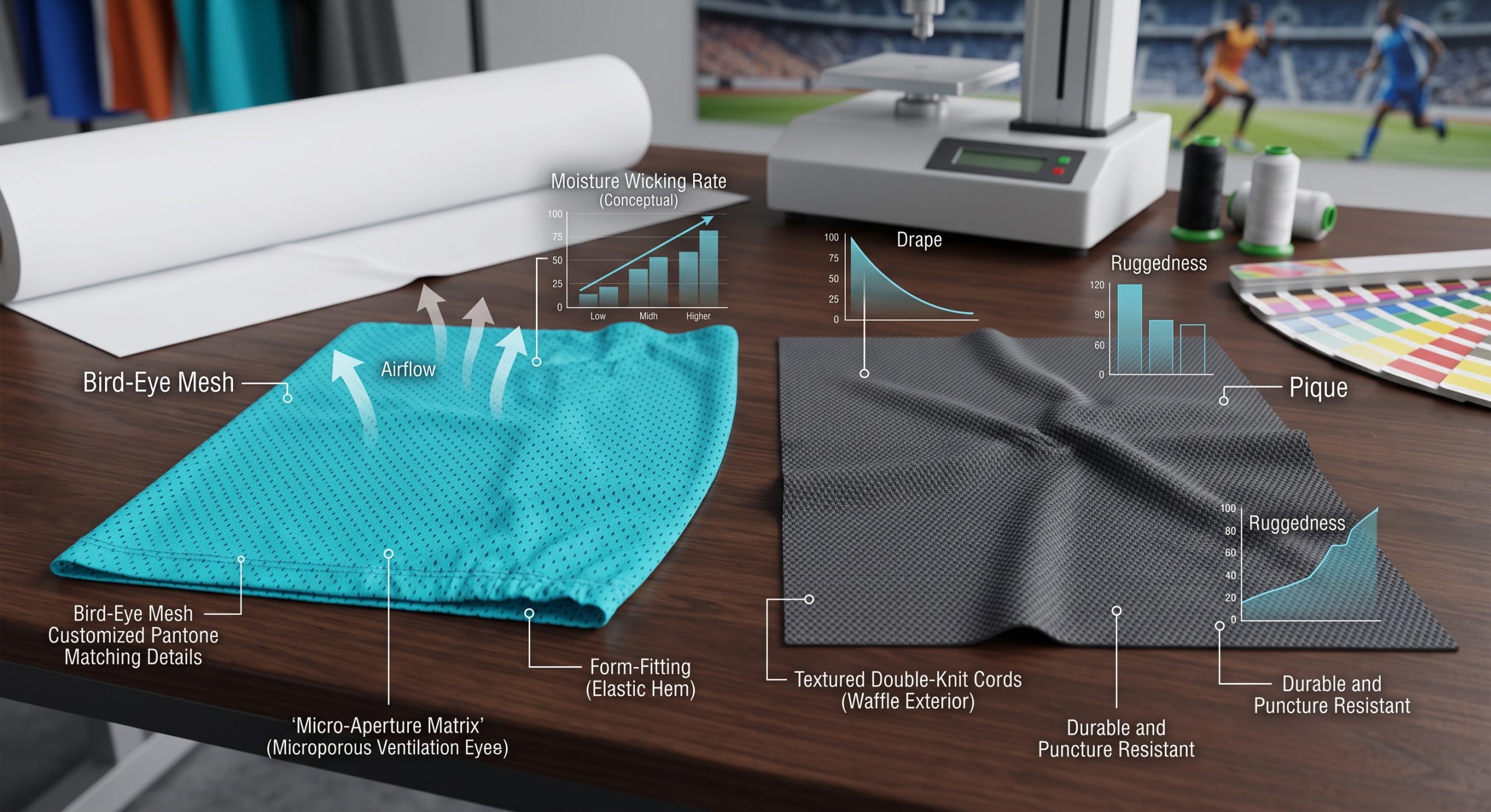 A photorealistic conceptual performance illustration showing a turquoise bird-eye mesh fabric sample on the left, visualizing "Airflow" and "Moisture Wicking" linked to microporous eyelets. A charcoal pique double-knit fabric on the right is visualizing "Drape" and "Ruggedness" with waffle texture callouts. Both fabric swatches show customized fit and Pantone color matching, set against blurred textile studio elements in natural light.