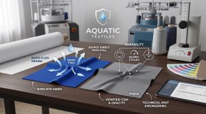 A photorealistic conceptual performance illustration showing two contrasting synthetic knitted fabrics: royal blue Bird-Eye mesh on the left and charcoal grey textured pique on the right, both visualizing their unique properties like water flow and durability in a modern textile testing laboratory. Integrated technical diagrams and conceptual data overlays highlight performance metrics.