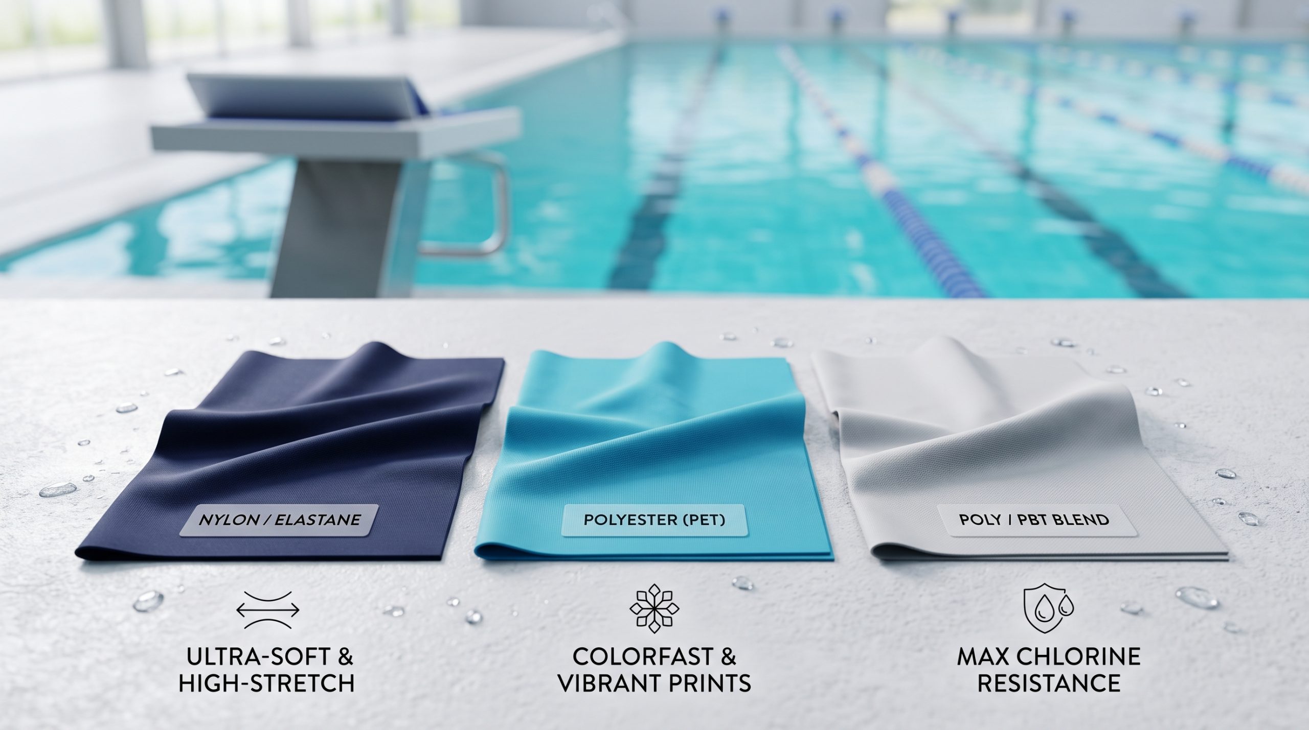 A professional comparison of three labeled swatches of high-performance swimmers fabric: Nylon/Elastane, Polyester, and PBT, against a blurred competitive pool background.