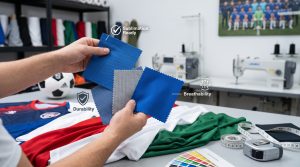 High-performance team fabric swatches showing birdseye mesh, pique knit, and other durable textiles for custom athletic uniforms in various colors like blues, reds, and greens, implying performance, comfort, and customization readiness for sports jerseys.
