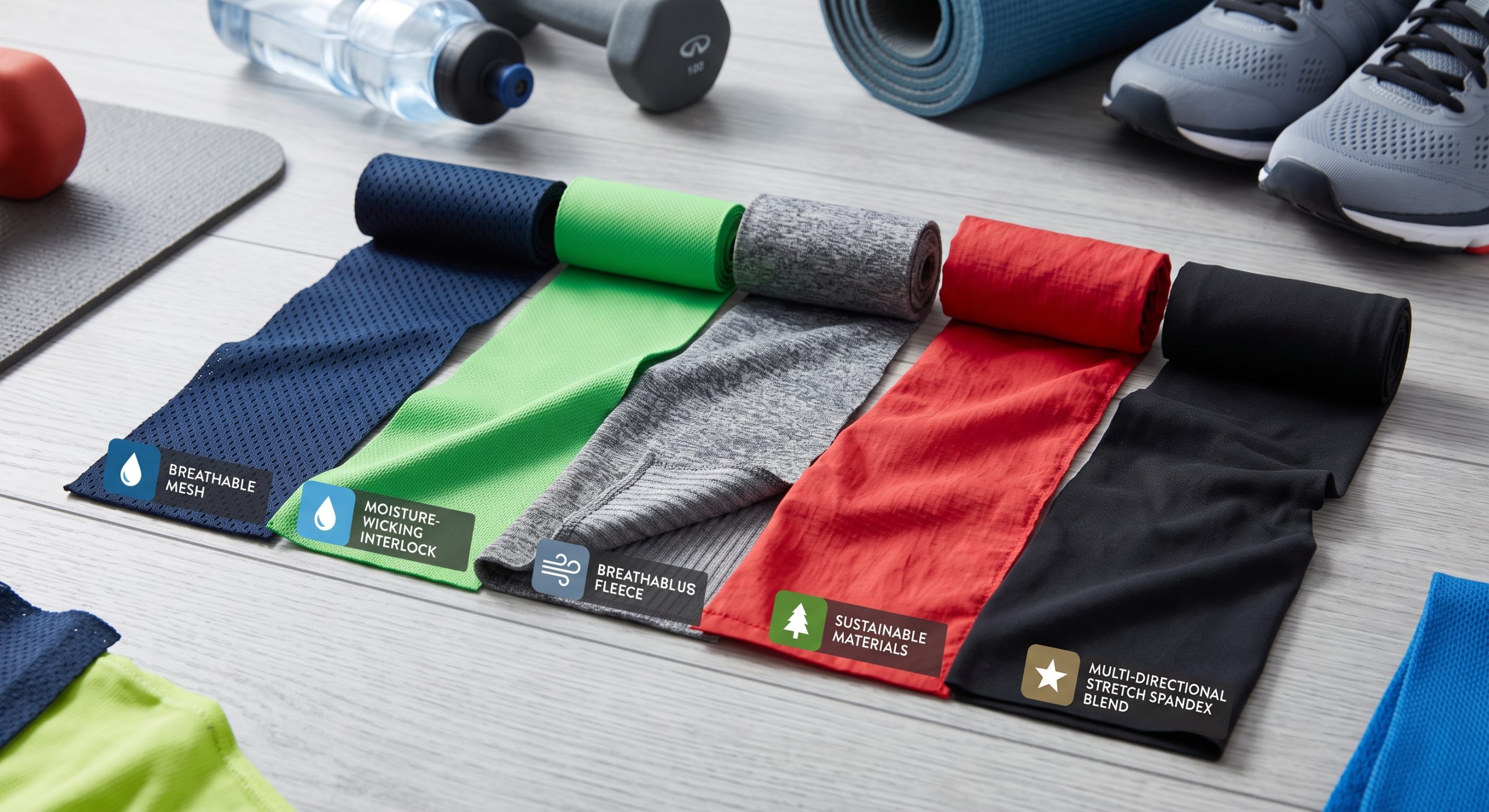 A close-up photograph of various high-performance athletic fabric types swatches, including moisture-wicking polyester, breathable mesh, stretchable spandex, and insulated fleece, arranged with fitness equipment.