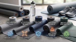 A detailed featured image showcasing an arrangement of different athletic shirt fabric samples with functional icons and labels. It includes wicking polyester mesh, stretch elastane blend, durable nylon, thermal brushed fleece, and eco-friendly recycled polyester, each marked with descriptive labels and symbols like water droplets for wicking, arrows for stretch, shields for durability, and a warm loft symbol. The materials are neatly displayed on a clean textile showroom surface with blurry fitness equipment in the background.