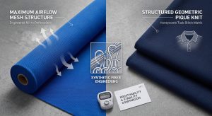 A photorealistic B2B technical flat lay comparing two high-grade synthetic knit structures for sportswear: cobalt blue Bird's Eye mesh for airflow and navy blue geometric Pique weave for collar stability. Stylized technical annotations visualize performance benefits like vapor release and structural honeycomb matrix, assisting professional textile sourcing and apparel manufacturing decisions for activewear brands.