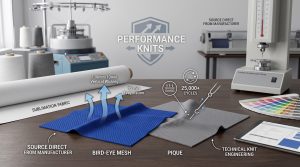 A photorealistic comparison image showing royal blue bird-eye mesh and grey textured pique knitted fabrics with conceptual data overlays for moisture-wicking and snag resistance in a modern textile testing lab.