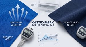 A professional macro visualization comparing two popular types of knitted fabric for sportswear: Bird's Eye Mesh with micro-perforations and Pique Knit with a structured waffle texture, next to a digital thread counter and technical specs visualization.
