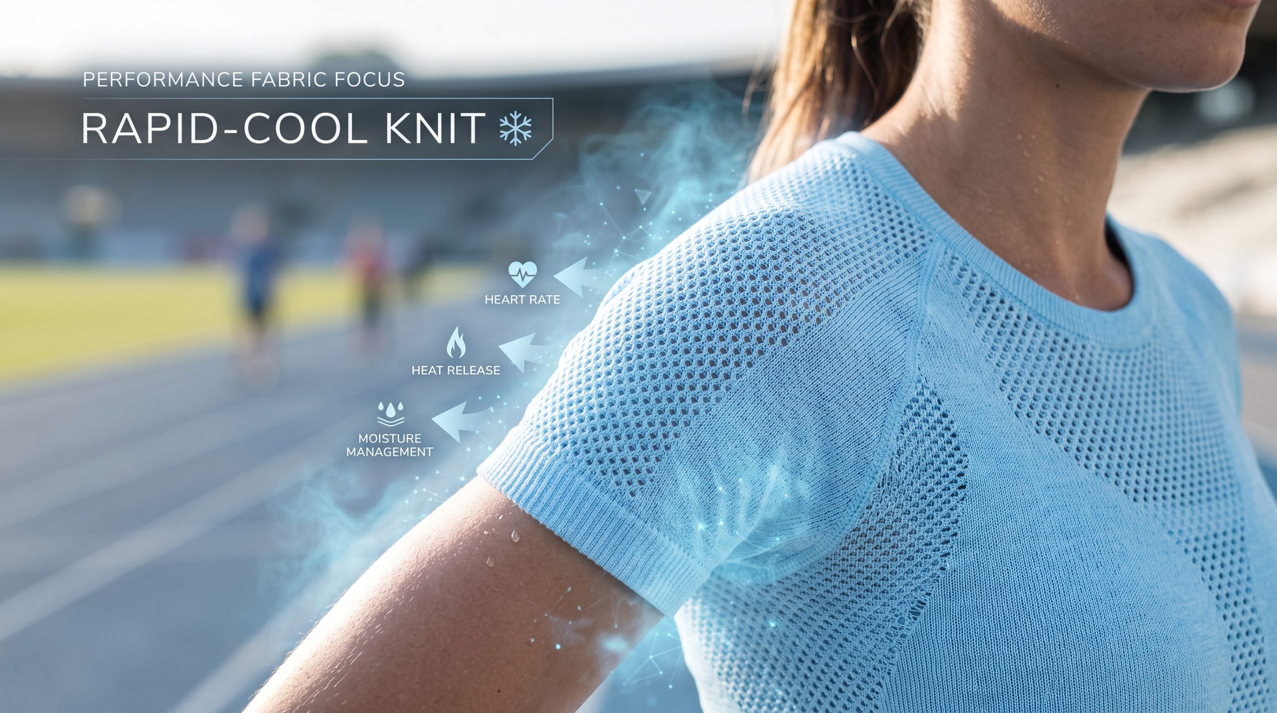 A close-up photograph of an athlete in ice-blue rapid-cool knitted sportswear, featuring visible fabric texture, sweat droplets, and a layer of cooling ice-blue mist, condensation, and halo effects representing heat dissipation.