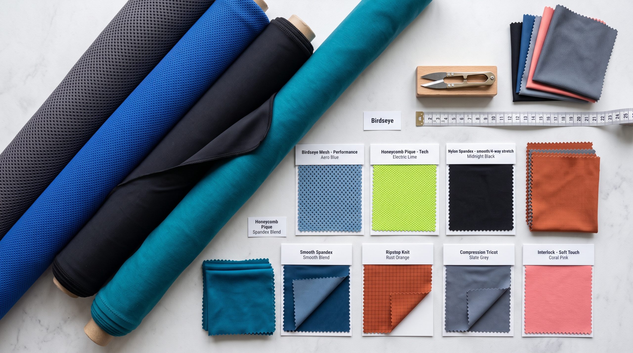 High performance activewear knit fabric swatches showcasing recycled polyester, nylon spandex, birdseye mesh, and pique textures