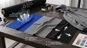 A photorealistic conceptual comparison image showing royal blue bird-eye mesh and grey textured pique knitted fabrics for athleisure with graphical overlays illustrating moisture-wicking and durability properties in a textile design studio.