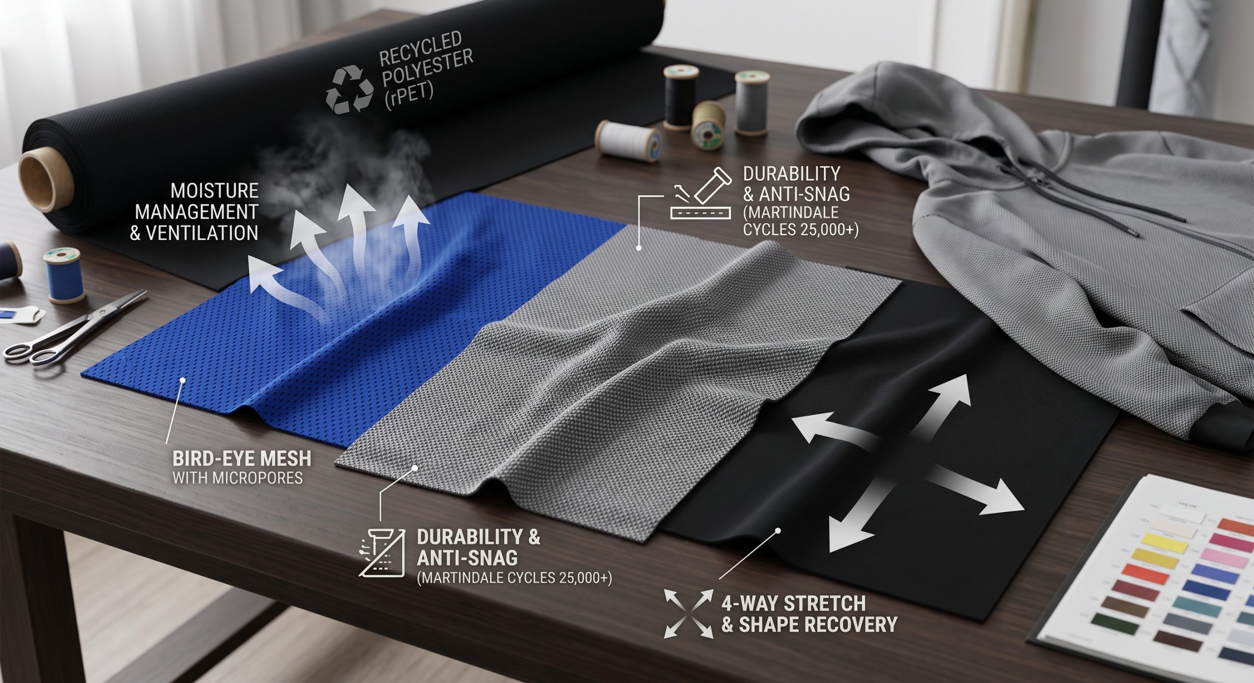 A photorealistic conceptual comparison image showing royal blue bird-eye mesh and grey textured pique knitted fabrics for athleisure with graphical overlays illustrating moisture-wicking and durability properties in a textile design studio.