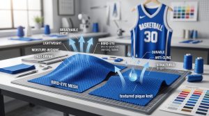 A featured image for an article explaining what material are basketball jerseys made of, showing close-up samples of breathable bird-eye mesh and durable pique knit fabrics in team colors, with labels for moisture-wicking and ventilation in a textile workshop.