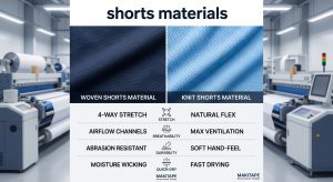 A featured image comparing technical shorts materials, showing differences between a woven sports fabric (for durability) and a knit performance mesh (like bird-eye mesh for breathability) with icons for stretch, durable, quick-dry, and breathability features.
