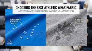 Professional B2B product photograph comparing two athletic wear fabric swatches: a performance synthetic fabric with water beading off (moisture-wicking), and a standard cotton fabric absorbing water (absorbent), demonstrating quality selection for activewear.