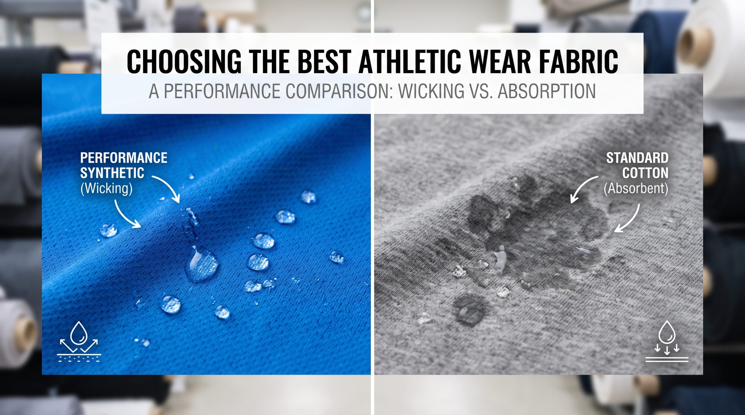 Professional B2B product photograph comparing two athletic wear fabric swatches: a performance synthetic fabric with water beading off (moisture-wicking), and a standard cotton fabric absorbing water (absorbent), demonstrating quality selection for activewear.