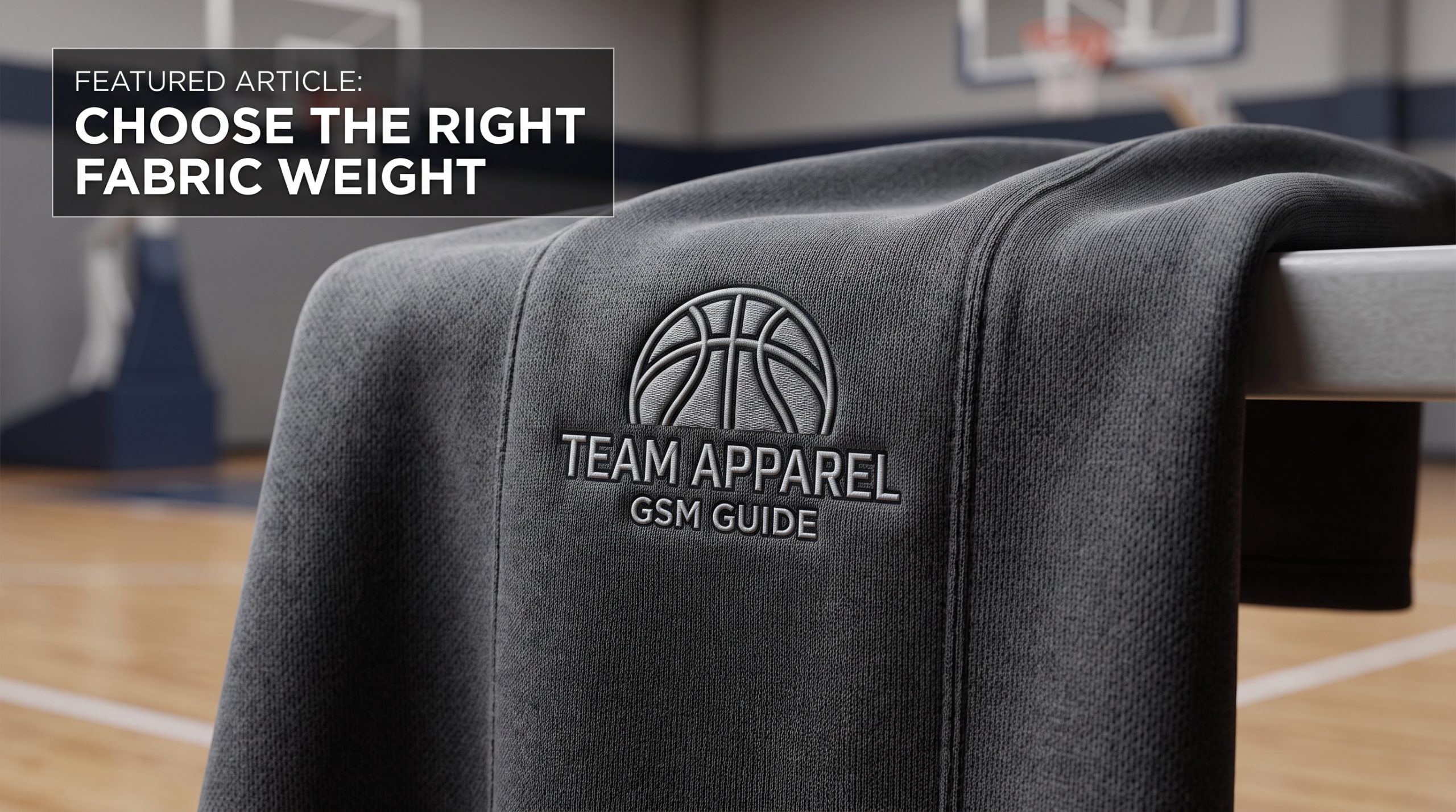 Detailed closeup of textured basketball fleece fabric with an embroidered basketball logo and "TEAM APPAREL GSM GUIDE" text, set against a blurred basketball court background.